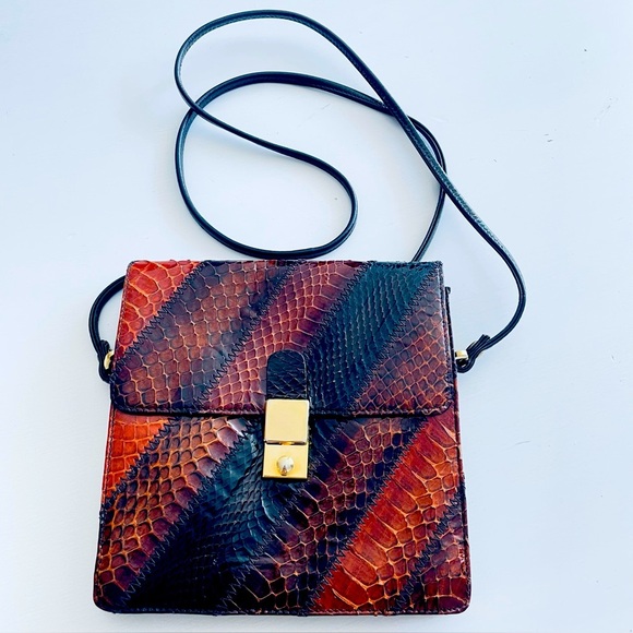 VINTAGE REPTILE LEATTHER BROWN SHOULDER CROSSBODY WOMEN BAG GOLD HARDWARE - Picture 14 of 14